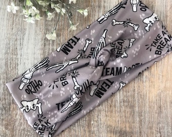 Orthopedic Nurse Headband, Gray Twisted Turban with Buttons, Broken Bones Print
