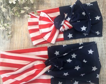 Baby Bow Headband Stars and Stripes 4th of July Mommy and Me Headband Set, Adjustable Top Knot Bow Baby Girl Head wrap, USA Women’s Headband