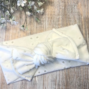 White Eyelet Lace Baby Bow Headband, Chunky Top Knot Turban Fabric Headwrap, Soft Stretchy Toddler Hair Bow, New Mom Baby Girl Shower Gifts