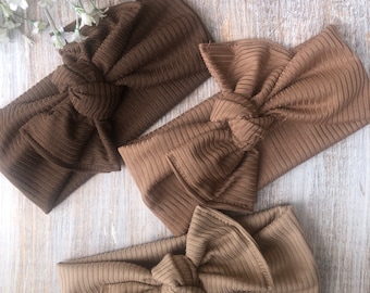 Fall Autumn Baby Bow Set of 3 Headbands, Earth Tone Neutral Boho Ribbed Knot Bow Headwraps, Chunky Adjustable Headband, New Mom Baby Gift