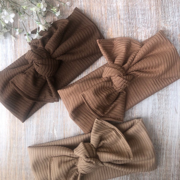 Fall Autumn Baby Bow Set of 3 Headbands, Earth Tone Neutral Boho Ribbed Knot Bow Headwraps, Chunky Adjustable Headband, New Mom Baby Gift