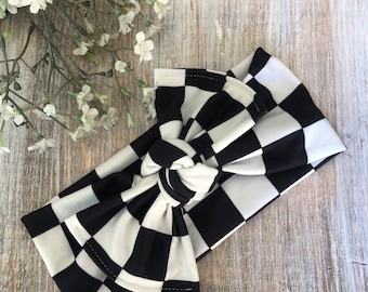 Baby Checkered Flag Headband, Black and White Bow Headband, Soft Turban Headband, Toddler Hair Bow, Adjustable Headband, Race Day Headband