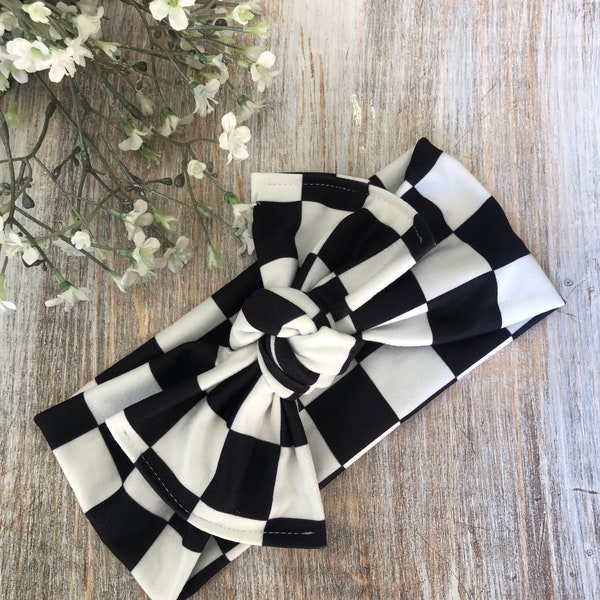 Baby Checkered Flag Headband, Black and White Bow Headband, Soft Turban Headband, Toddler Hair Bow, Adjustable Headband, Race Day Headband