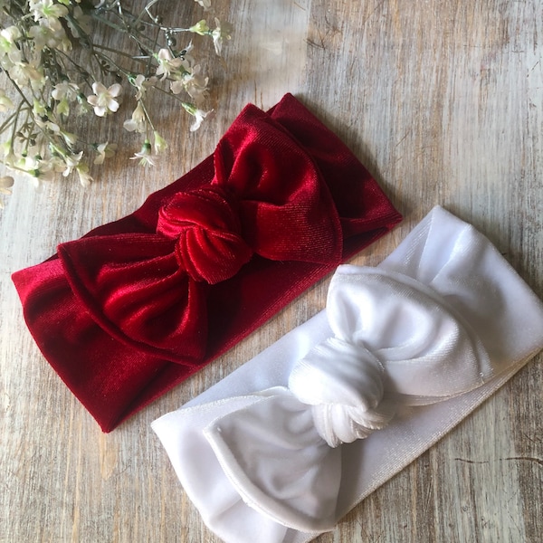 Baby & Toddler Christmas Velvet Girl Bow Headband, Red or White Chunky Top Knot Adjustable Holiday Headwrap, Set of 2 Soft Stretchy Hair Bow