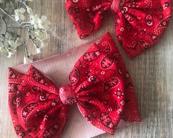 Red Western Paisley Bandana Baby Headband and Headwrap, 5in Soft Big Bow Nylon Headband, Cowgirl Summer Toddler Hair Bow Headband, Baby Gift