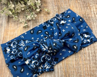 Blue Bandana Baby Girl Bow Headband, Chunky Adjustable Top Knot Head wrap, Soft Stretchy Toddler Cowgirl Boho Hair Bows, New Mom Baby Gift