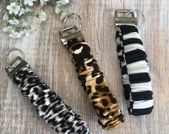 Scrunchie Fabric Key Fob Wristlet, Leopard, Cheetah, Checkered