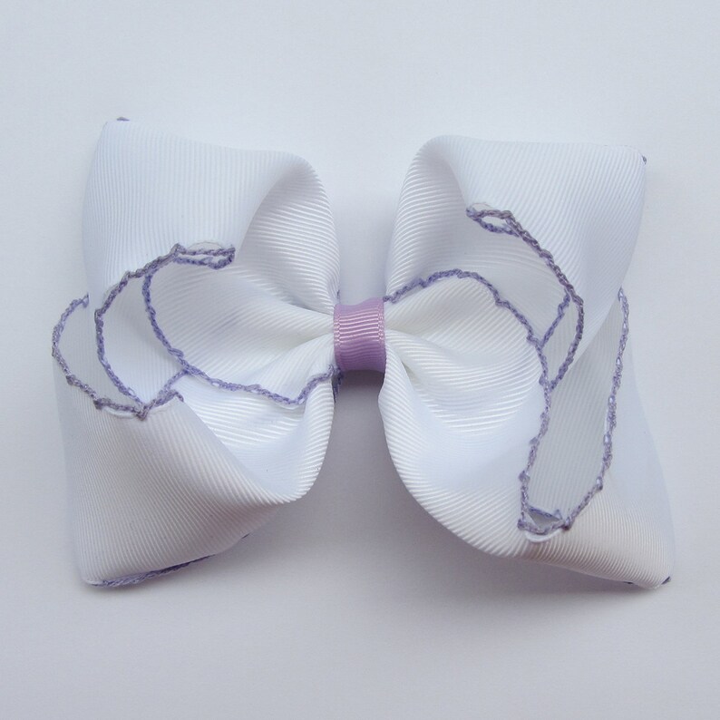 5 inch Dark Grey Moonstitch Hair Bow , hair bow,Moonstitch ribbon,sewing ribbonbirthday gift, kids gift,christmas gift White Light purple