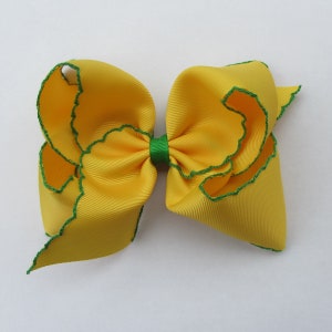 5 inch Yellow and Green Moonstitch Hair Bow , hair bow,Moonstitch ribbon,sewing ribbonbirthday gift, kids gift,christmas gift 1
