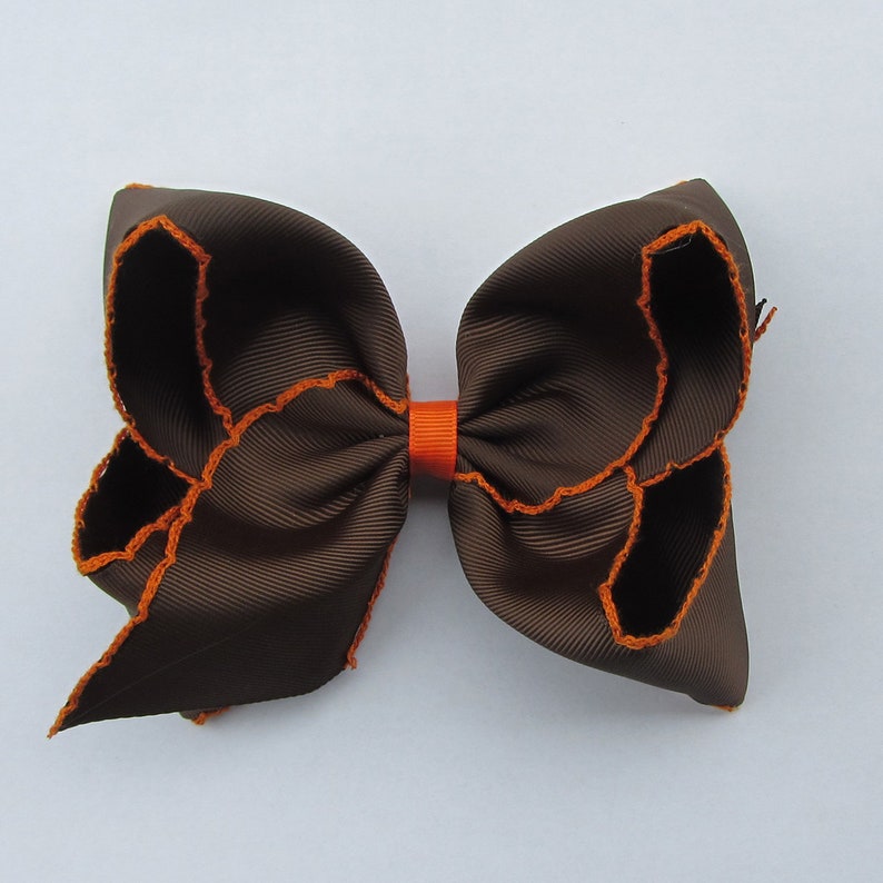5 inch Brown and orange Moonstitch Hair Bow , hair bow,Moonstitch ribbon,sewing ribbonbirthday gift, kids gift,christmas gift 1