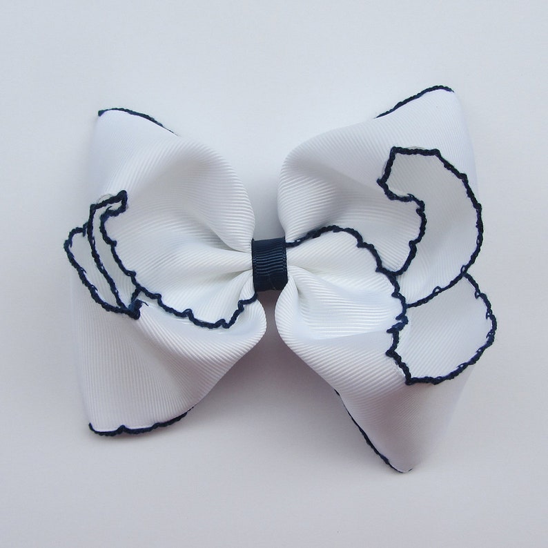 5 inch Dark Grey Moonstitch Hair Bow , hair bow,Moonstitch ribbon,sewing ribbonbirthday gift, kids gift,christmas gift White-Navy