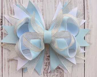 5.5 inch blue boutique Hair Bow,stack bow,kids gift,christmas gift,birthday gift,custom bow