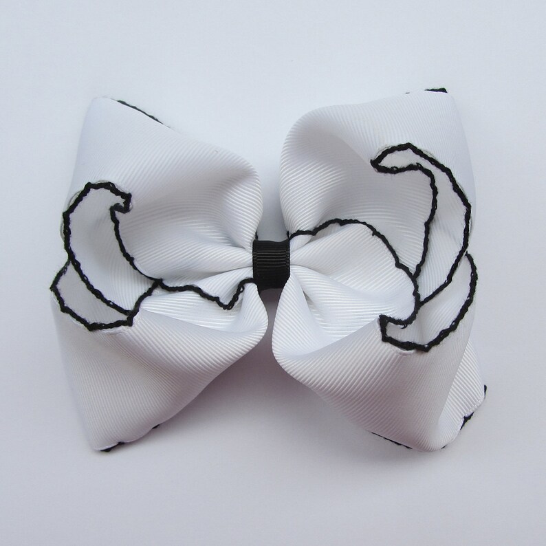 5 inch Dark Grey Moonstitch Hair Bow , hair bow,Moonstitch ribbon,sewing ribbonbirthday gift, kids gift,christmas gift White-Black