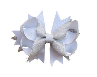 4.5 inch white Metallic ribbon Hair Bow ,birthday gift, kids gift,christmas gift