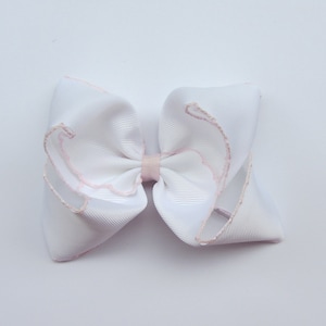 5 inch Dark Grey Moonstitch Hair Bow , hair bow,Moonstitch ribbon,sewing ribbonbirthday gift, kids gift,christmas gift White-Light pink