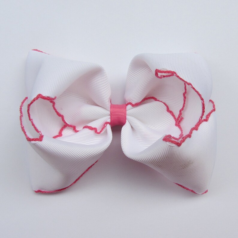 5 inch Dark Grey Moonstitch Hair Bow , hair bow,Moonstitch ribbon,sewing ribbonbirthday gift, kids gift,christmas gift White-Hot pink