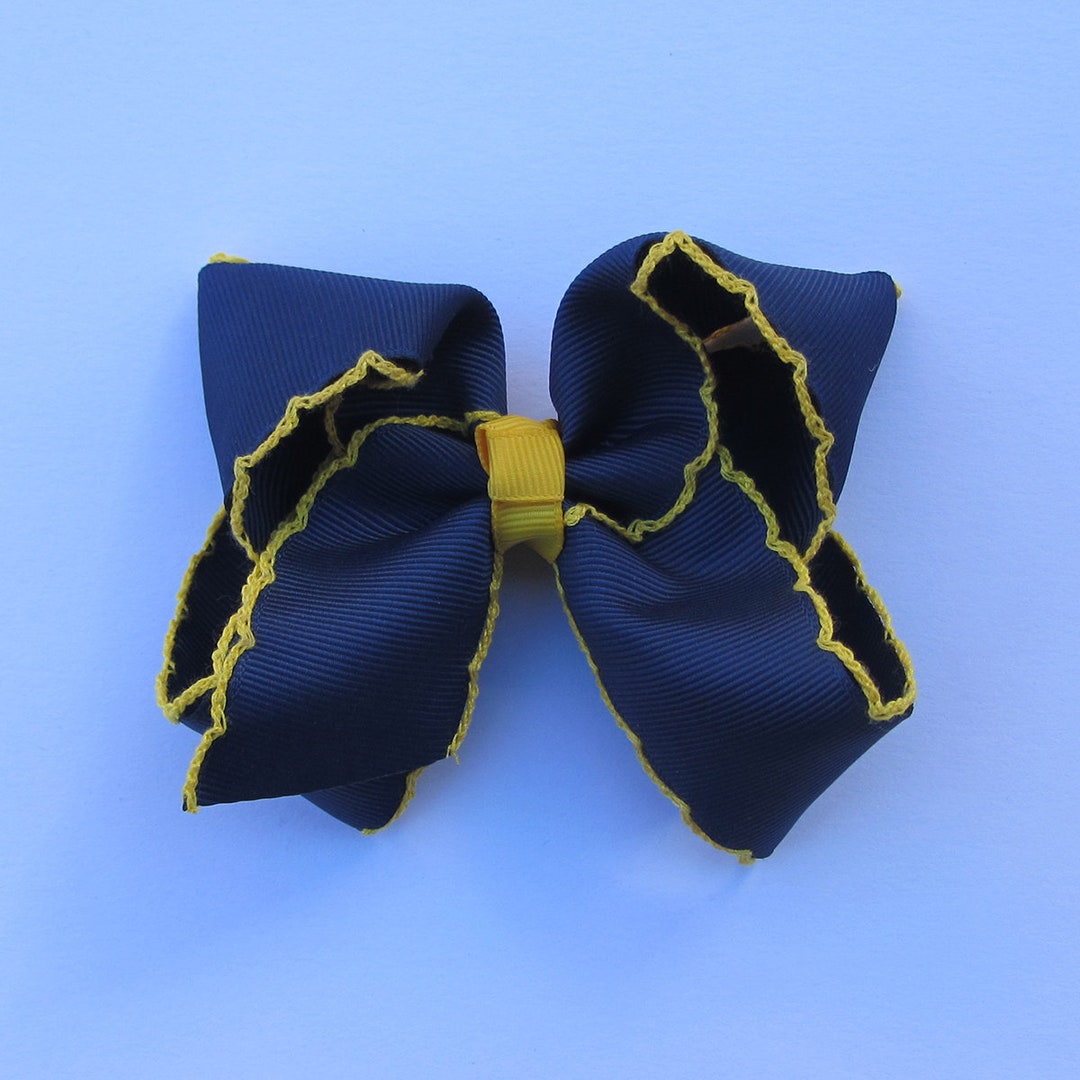 4 Inch Navy Yellow Moonstitch Hair Bow , Hair Bow,moonstitch Ribbon