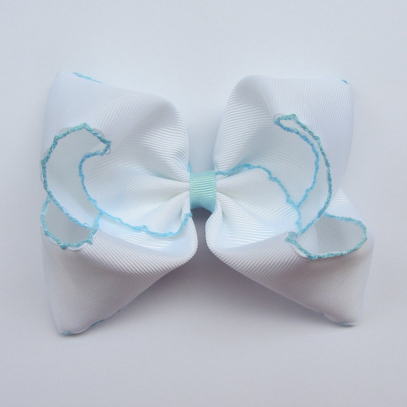 5 inch Dark Grey Moonstitch Hair Bow , hair bow,Moonstitch ribbon,sewing ribbonbirthday gift, kids gift,christmas gift White-Light Blue