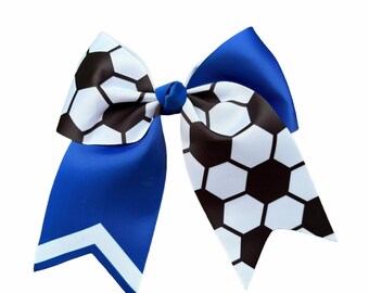 Soccer Cheer Bow, Royal Blue and White Sports Hair Bow for Girls, Youth Soccer Team Hair Accessories, Game Day Cheerleading Bows