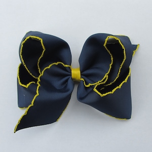 5 inch Navy Yellow Moonstitch Hair Bow , hair bow,Moonstitch ribbon,sewing ribbonbirthday gift, kids gift,christmas gift image 1