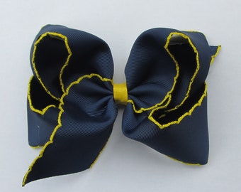 5 inch  Navy Yellow Moonstitch Hair Bow , hair bow,Moonstitch ribbon,sewing ribbon，birthday gift, kids gift,christmas gift