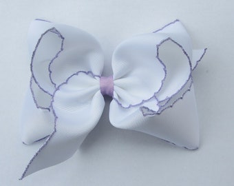 5 inch  White and Lavenda Moonstitch Hair Bow , hair bow,Moonstitch ribbon,sewing ribbon，birthday gift, kids gift,christmas gift