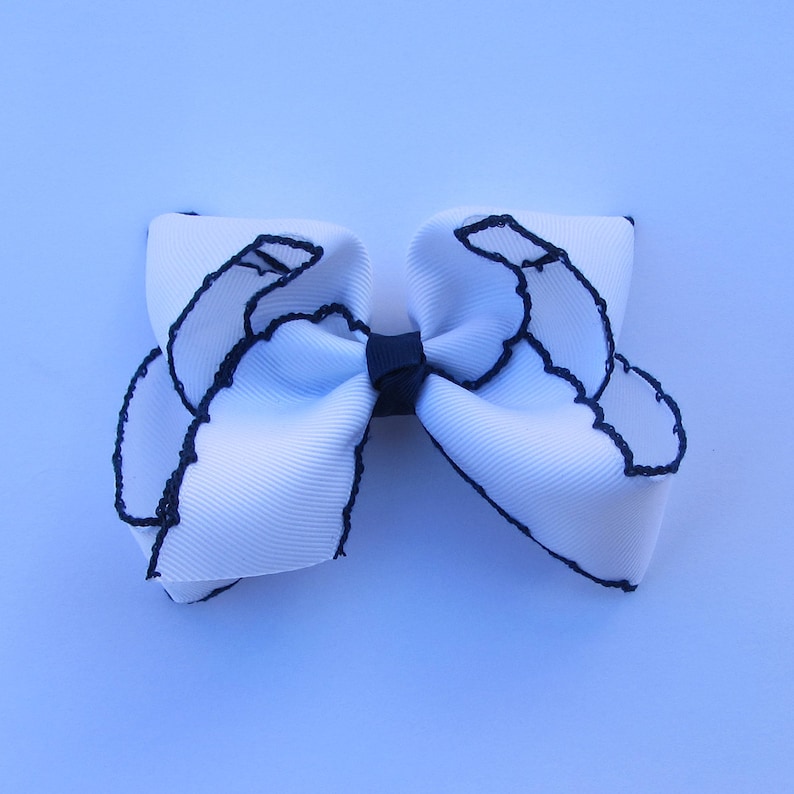 4 inch white pink moonstitch Hair Bow , hair bow,Moonstitch ribbon,sewing ribbonbirthday gift, kids gift,christmas gift, White-Navy