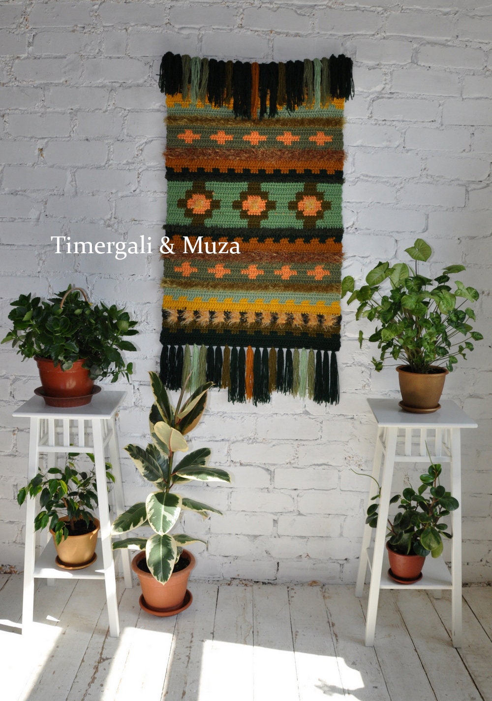 Wool Crocheted Rug Accent Area Wool Wall Hanging Carpet Green Etsy