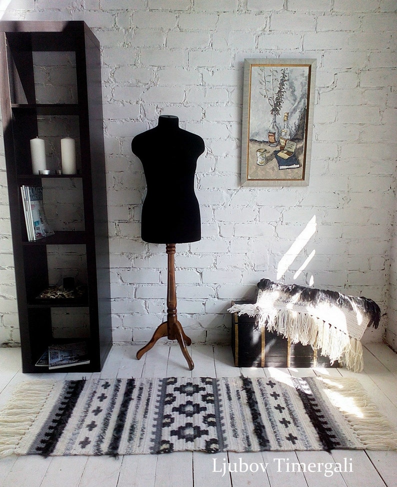 Crocheted Rug Wool Wall Hanging Accent Floor Throw Black White Etsy