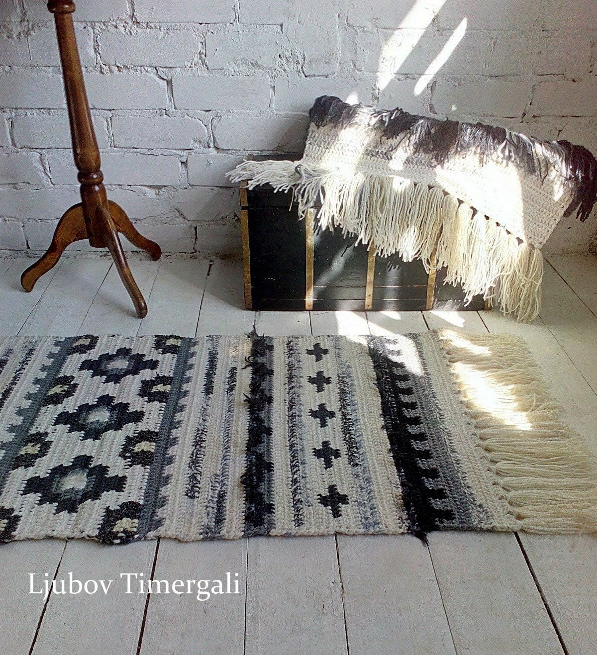 Crocheted Rug Wool Wall Hanging Accent Floor Throw Black White Etsy