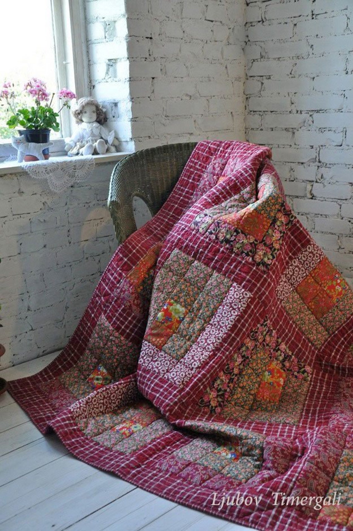 Red Patchwork Quilt Bed Cover Rustic Throw Blanket Cotton Etsy