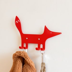 A metal hook in the shape of fox in a red color. Kids wall hook. Gift for kids. Organizer for kids clothes.