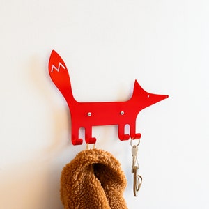 A metal hook in the shape of fox in a red color. Kids wall hook. Gift for kids. Organizer for kids clothes.