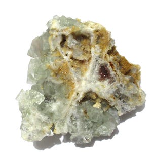May include: A natural fluorite specimen with a mix of colors. The crystal structure is visible, with pale green and clear crystalline formations. The specimen also features areas of brown and white, creating a unique, textured appearance. The background is white.