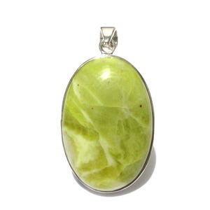 May include: A silver pendant with a green and white oval-shaped stone. The stone has a marbled pattern.