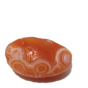 May include: A polished, oval-shaped carnelian agate stone featuring a vibrant orange-red hue with distinct, concentric circular banding patterns in shades of white and pale pink, creating a natural eye-like appearance across the surface.