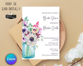 Pode incluir: Um convite para chá de panela com design floral em aquarela. O convite inclui o texto "Please join us for a Bridal Shower honoring Rebekah Smith." A data, hora e local também estão incluídos.