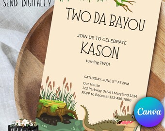May include: A beige invitation with the text "TWO DA BAYOU" and "KASON turning TWO!". The invitation features a cartoon alligator, swamp plants, and the text "PRINT OR SEND DIGITALLY". The Canva logo is visible.