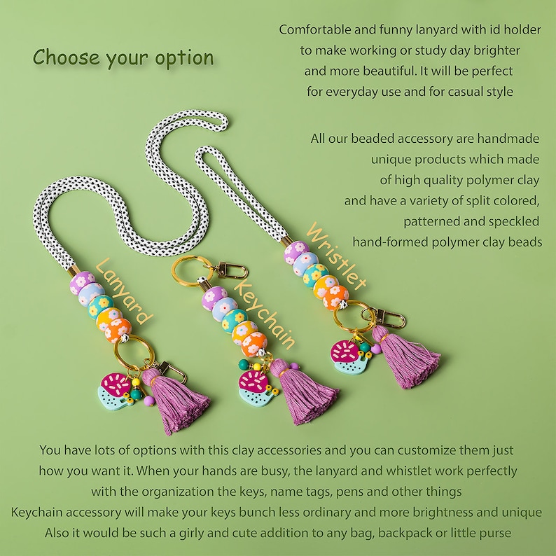 Pode incluir: Tr&ecirc;s acess&oacute;rios de contas coloridas: um cord&atilde;o, um chaveiro e uma pulseira. Cada acess&oacute;rio apresenta um amuleto de melancia com uma borla rosa. As contas s&atilde;o feitas de argila polim&eacute;rica e t&ecirc;m uma variedade de cores e padr&otilde;es. O texto "Lanyard", "Keychain" e "Wristlet" est&aacute; escrito na imagem.