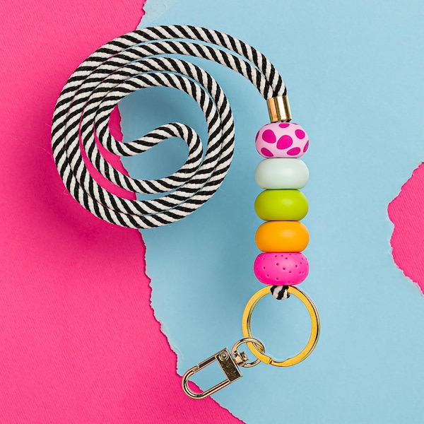 Back To School Lanyard: Tropical Neck Badge Holder, Handmade Pink Orange Keychain