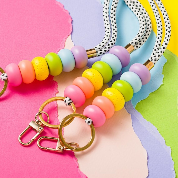 Rainbow Teacher Lanyard: Primary Colors Beaded Neck Keychain Holder