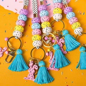Easter Spring Lanyard, Pastel Rainbow Lanyard, Bunny Beaded Lanyard, Teacher Lanyard for Keys or ID Badge, Pink Turquoise Polka Dots Lanyard