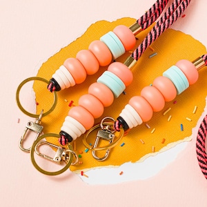 Teacher Pencil Lanyard: Peach Beaded ID Keys Holder Necklace, Back to School Gift
