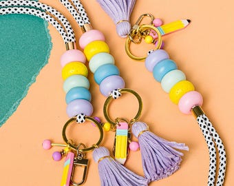 Teacher Lanyard: Pencil Pastel Beads Keys Badge Holder