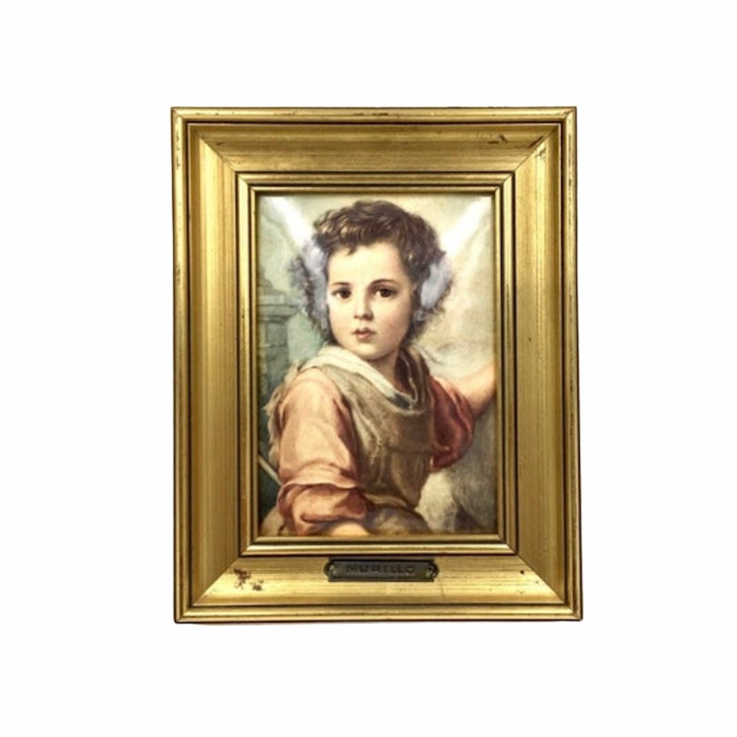 Vintage Enamel Image Encadrée. Murillo. Le Bon Pasteur. Petit Cadre de Feuille d'or. Helca. Décor Ro