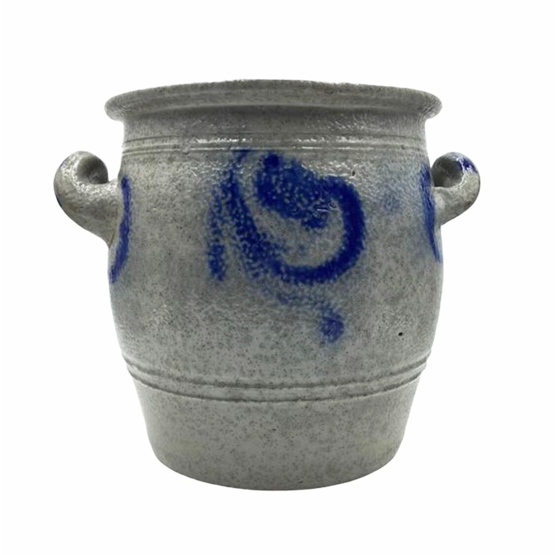 Ancien Pot en Grès Emaillé - Betschdorf Alsace Poterie Antique Bleu Cobalt & Gris Artisanat 19Ème Si