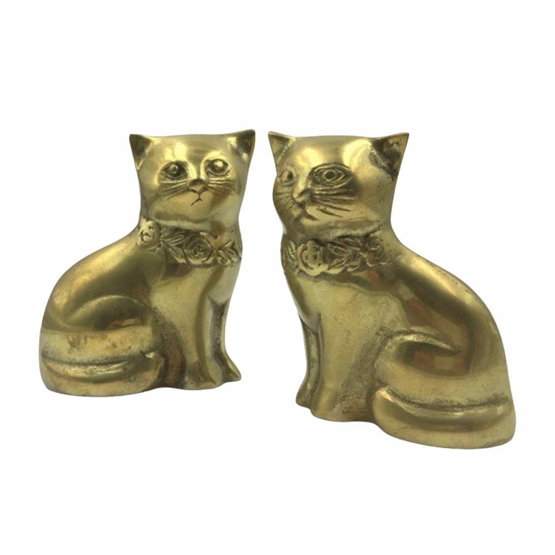 Vintage Paire de Figurines Chats en Laiton. Statue Laiton Assis. Décor Boho Shelf. Figurines d'anima