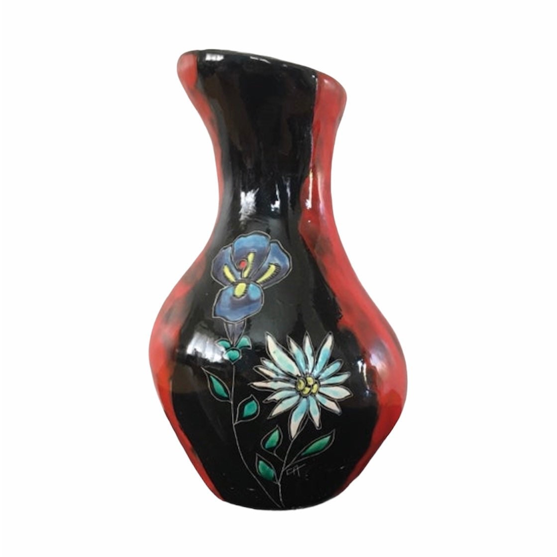 Vase Vintage. Vase Du Milieu Siècle. Noir et Rouge. Poterie Floral Bleu. Céramique Rétro. Décor Fran