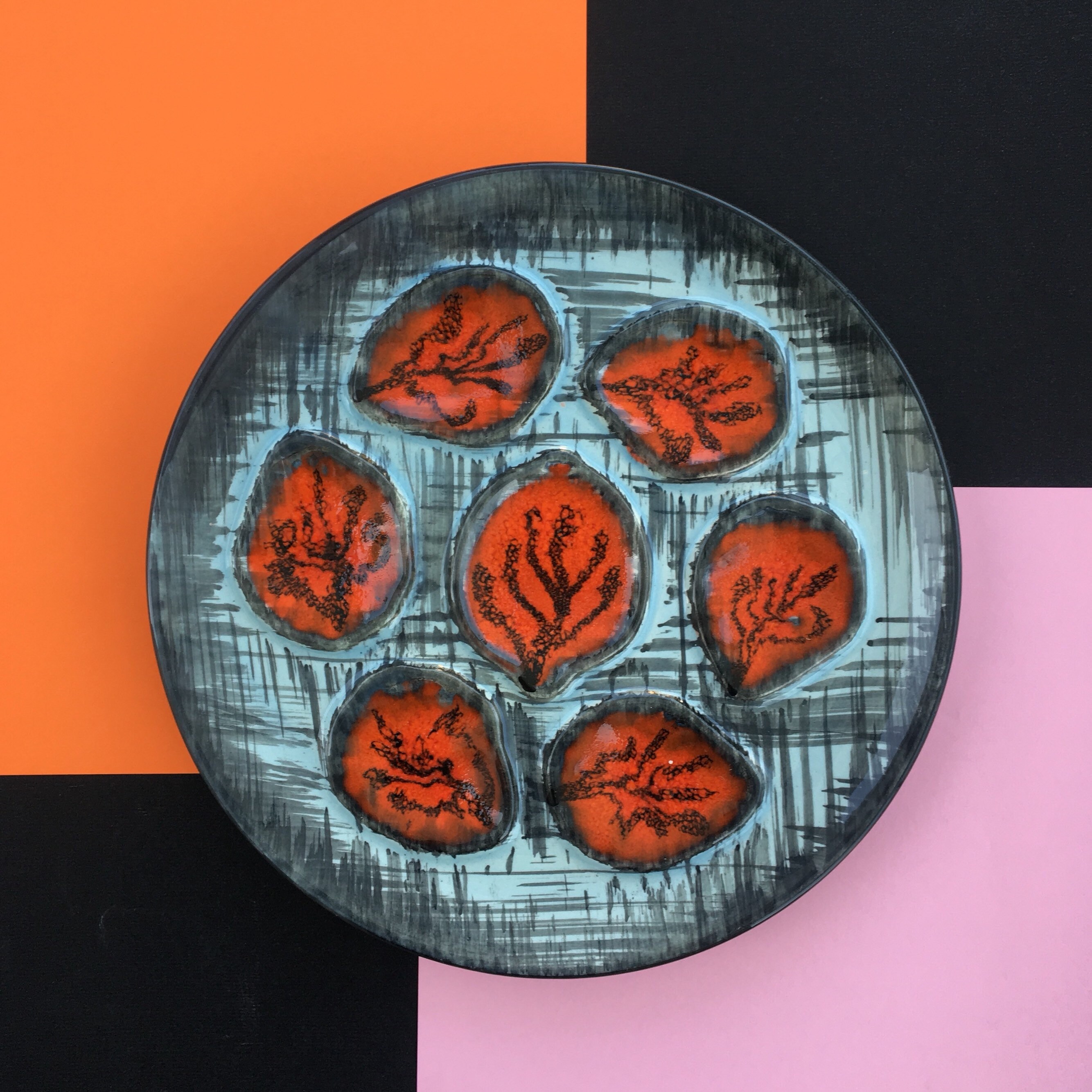 Assiette d'huîtres. Pornic. Assiette de Fruits Mer Service. à Huîtres. Transferware Orange. Plaque G