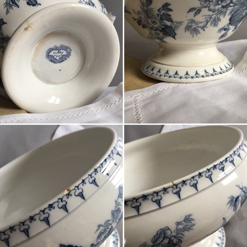 French Vintage Flore Floral Tureen Vintage Tureen Antique Soup Bowl Blue Soup Server Soup Dish Vintage Sarreguemines Soup Tureen